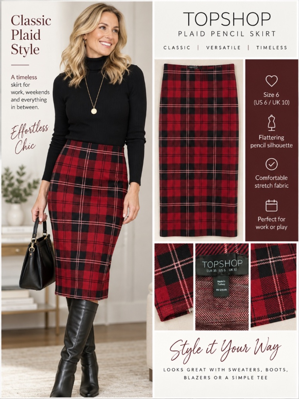 Topshop Red & Black Plaid Pencil Skirt Size 6